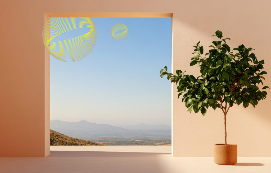 Foto de un interior con un olivo en el que se ve una ventana con un paisaje de montañas. El símbolo de la marca Elisa Barba Studio está suspendido entrando por la ventana y viene de camino otro símbolo más.