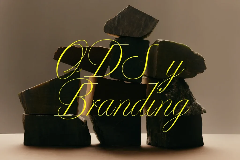 Fotografía de rocas apiladas en la sombra sobre las que se sobrepone el texto en grande: ODS y Branding